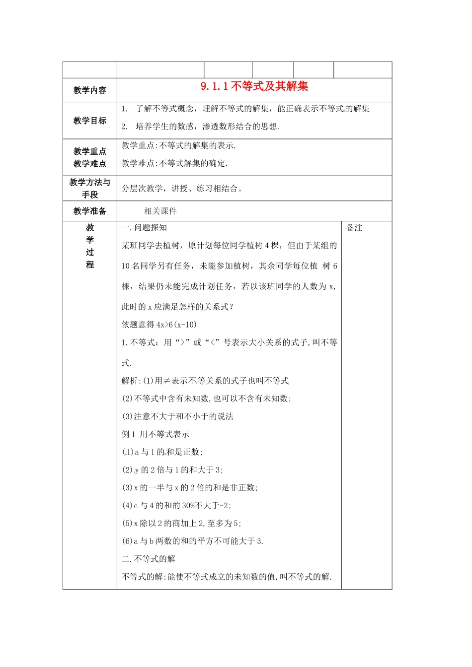 湖南省长沙高新区延风中学七年级数学《911不等式及其解集》教案_第1页