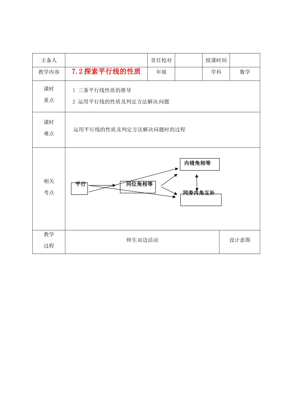 江苏省睢宁县新世纪中学七年级数学下册 《7.2探索平行线的性质（1）》教案_第1页
