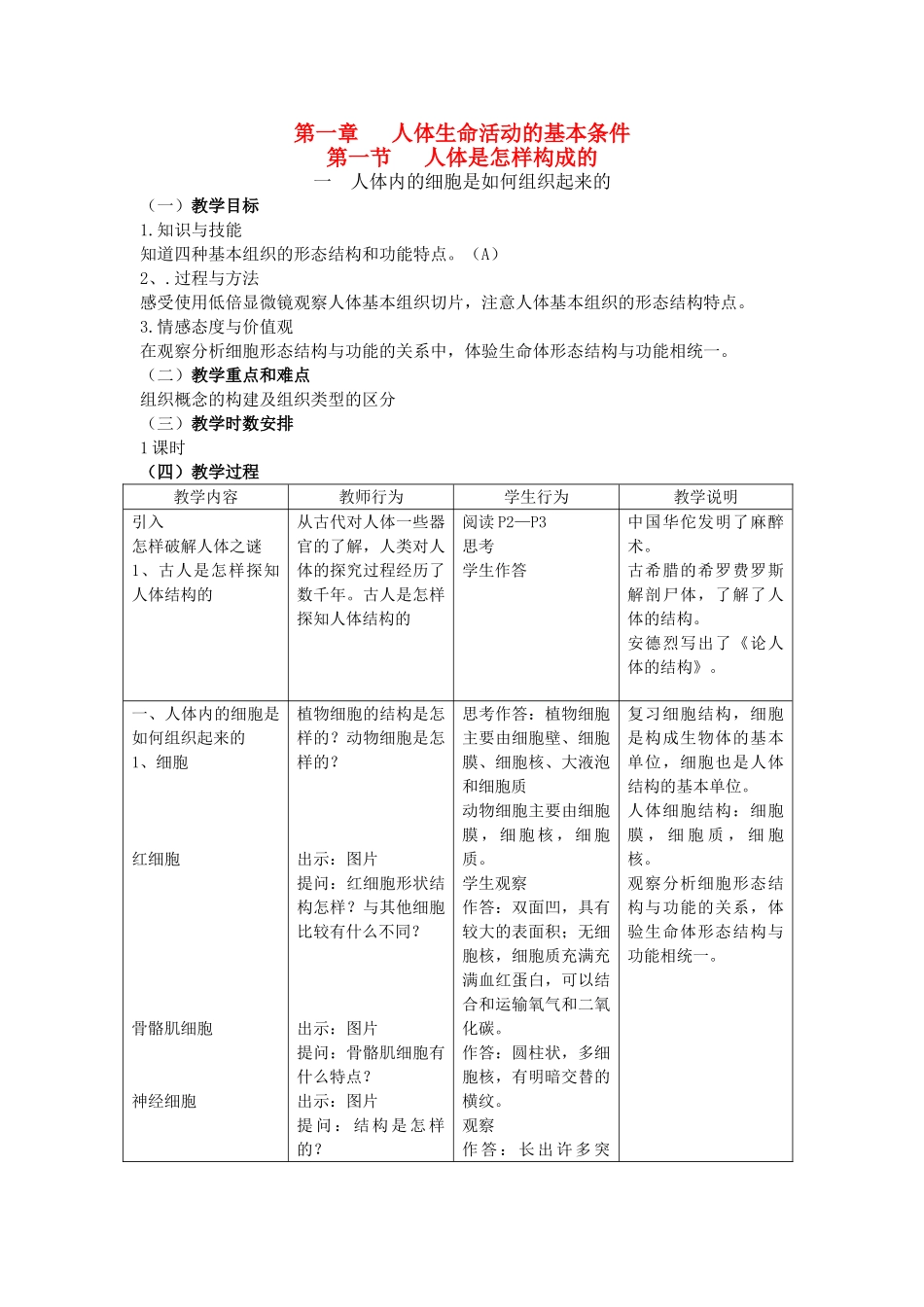 八年级生物 第一学期（试验本）第1章第一节人体内的细胞是如何组成的教案 上海版_第1页