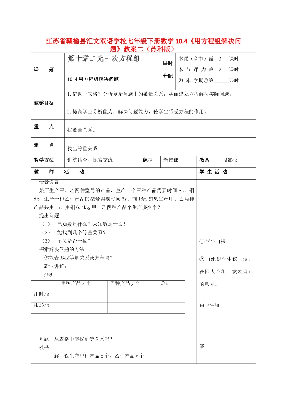 江苏省赣榆县七年级数学下册 10.4《用方程组解决问题》教案二 苏科版_第1页