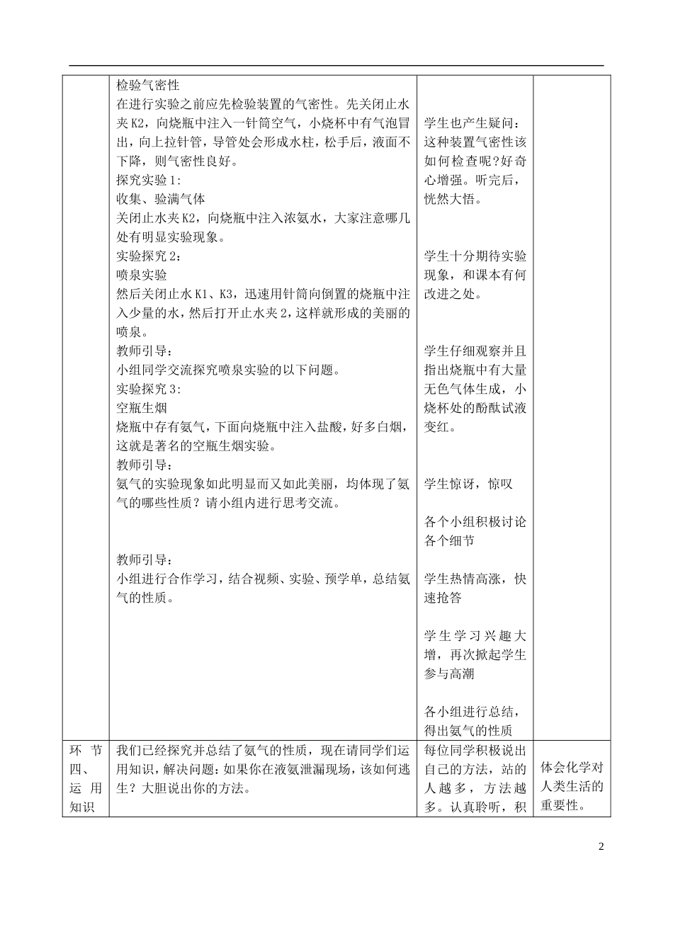 高中化学上学期《氨气的性质》教学设计-人教版高中全册化学教案_第2页