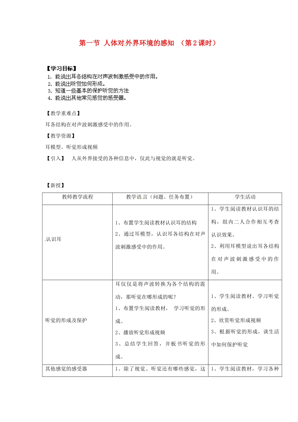 湖南省株洲县渌口镇中学七年级生物下册 第四单元 第六章 第一节 人体对外界环境的感知（第2课时）教案 新人教版_第1页