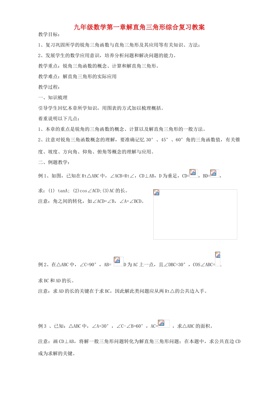 九年级数学第一章解直角三角形综合复习教案 浙教版_第1页