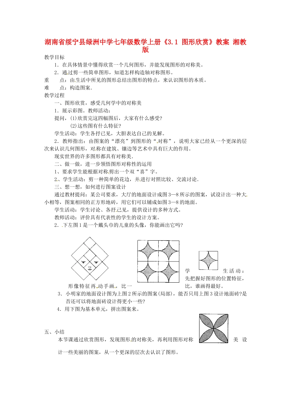 湖南省绥宁县绿洲中学七年级数学上册《3.1 图形欣赏》教案 湘教版_第1页