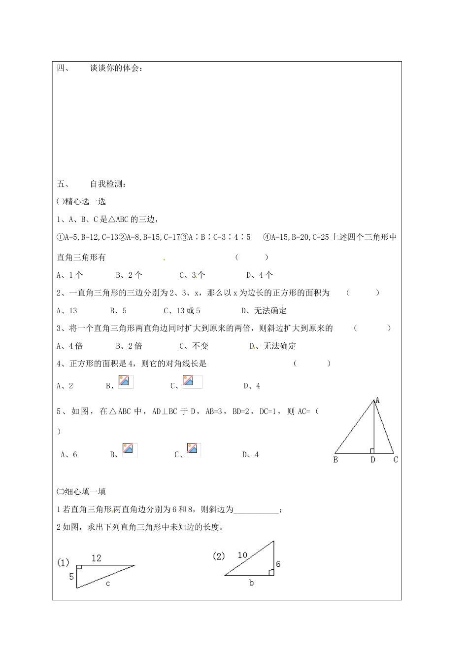 江苏省盐城东台市八年级数学上册《2.1 勾 股 定 理⑴》教案_第3页