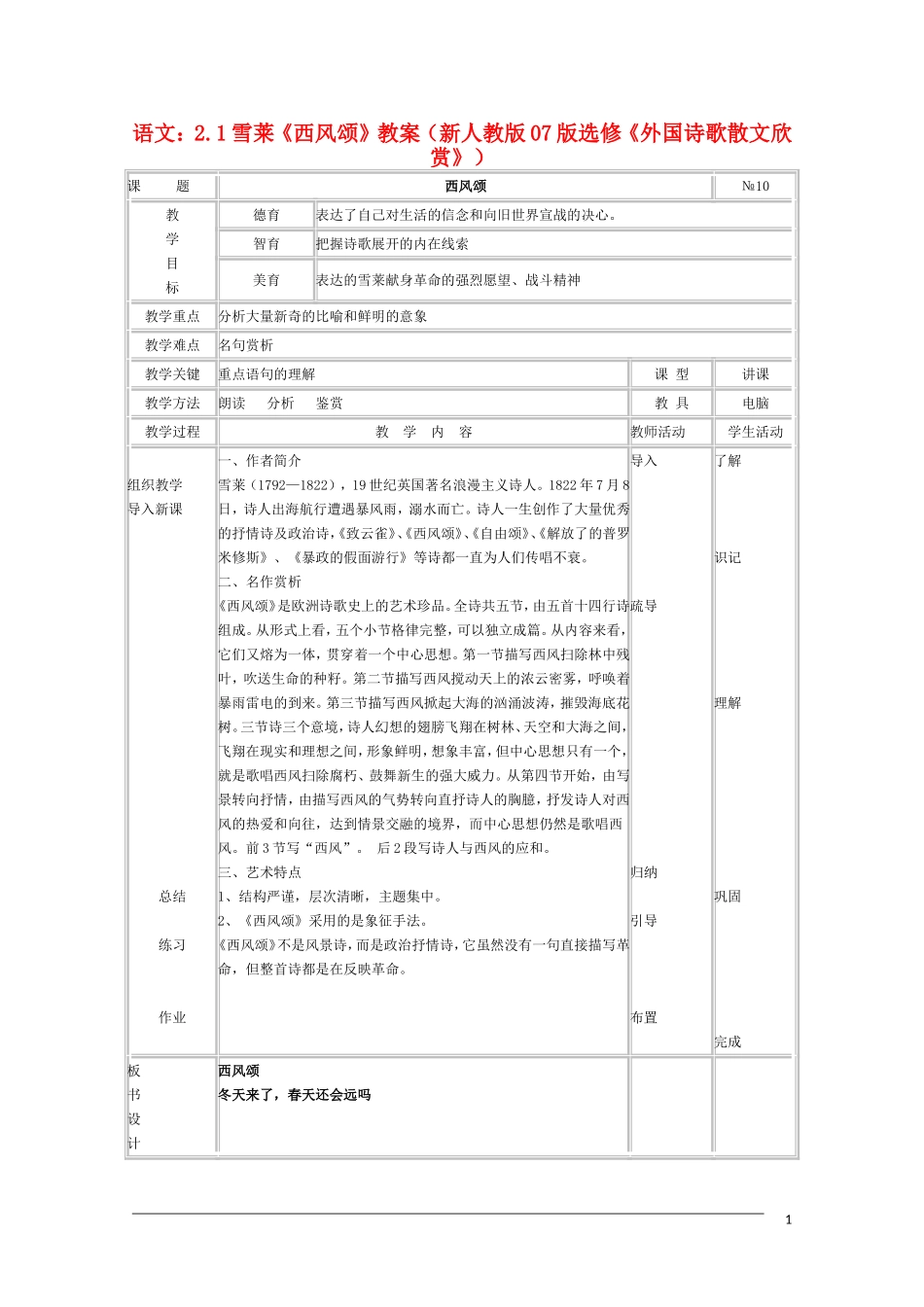 高中语文 2.1雪莱《西风颂》教案 新人教版07版选修《外国诗歌散文欣赏》_第1页