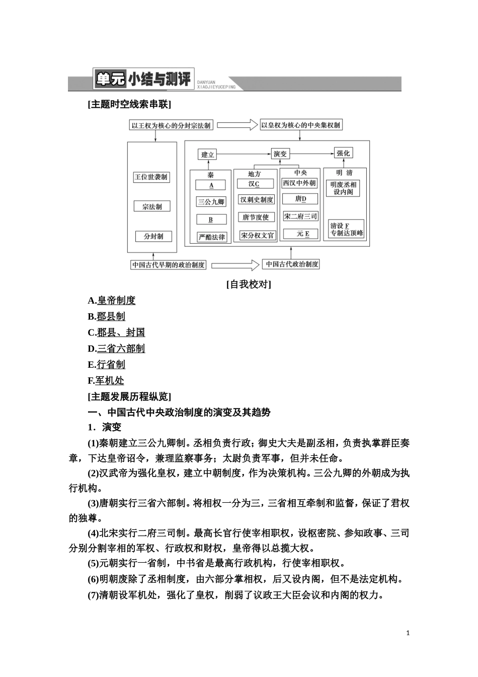高中历史 第1单元 中国古代的中央集权制度单元小结与测评教师用书 岳麓版必修1-岳麓版高一必修1历史教案_第1页