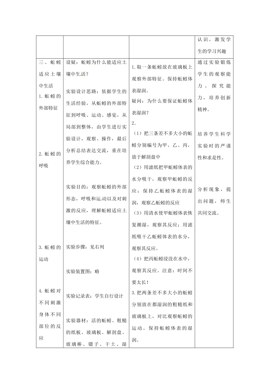 江西省信丰县黄泥中学中考生物实验汇总复习 探究蚯蚓适应土壤中生活的特征教学设计_第3页