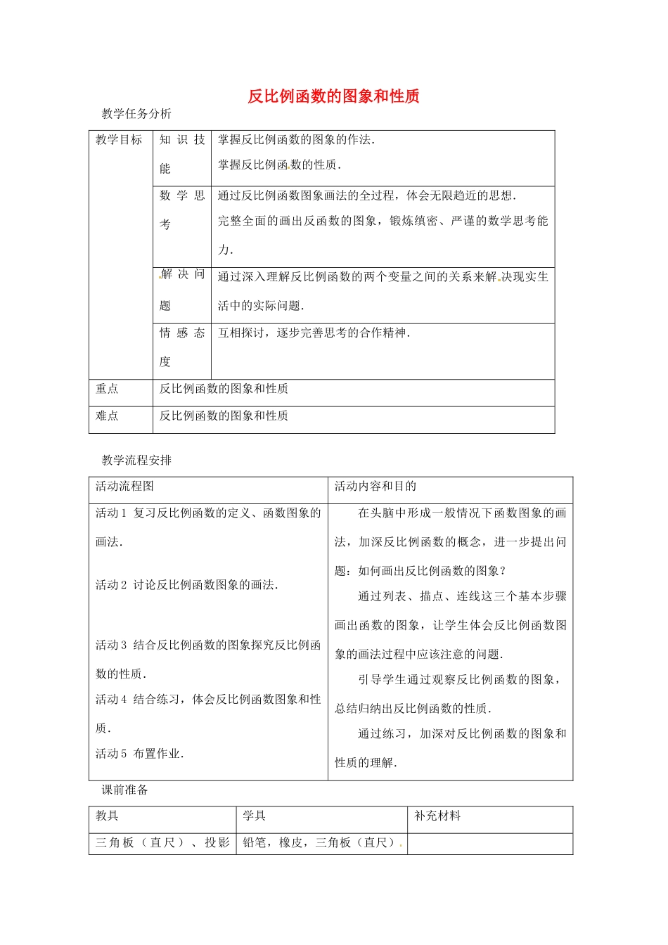 吉林省延边三中八年级数学下册《反比例函数的图象和性质 》教案 新人教版_第1页