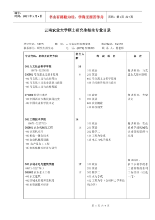 云南农业大学硕士研究生招生专业目录
