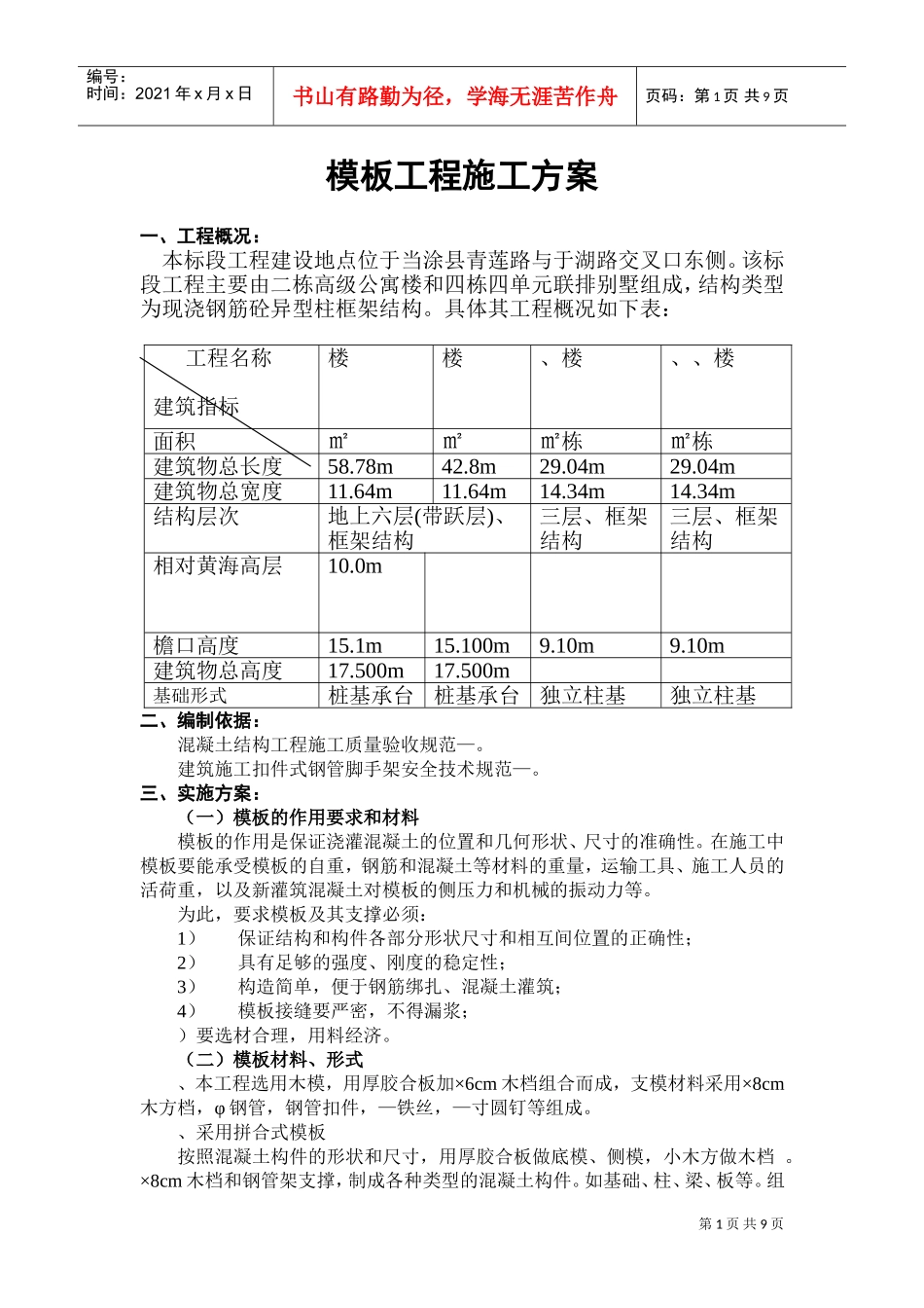 公寓楼和排别墅模板工程施工方案(DOC11页)_第1页
