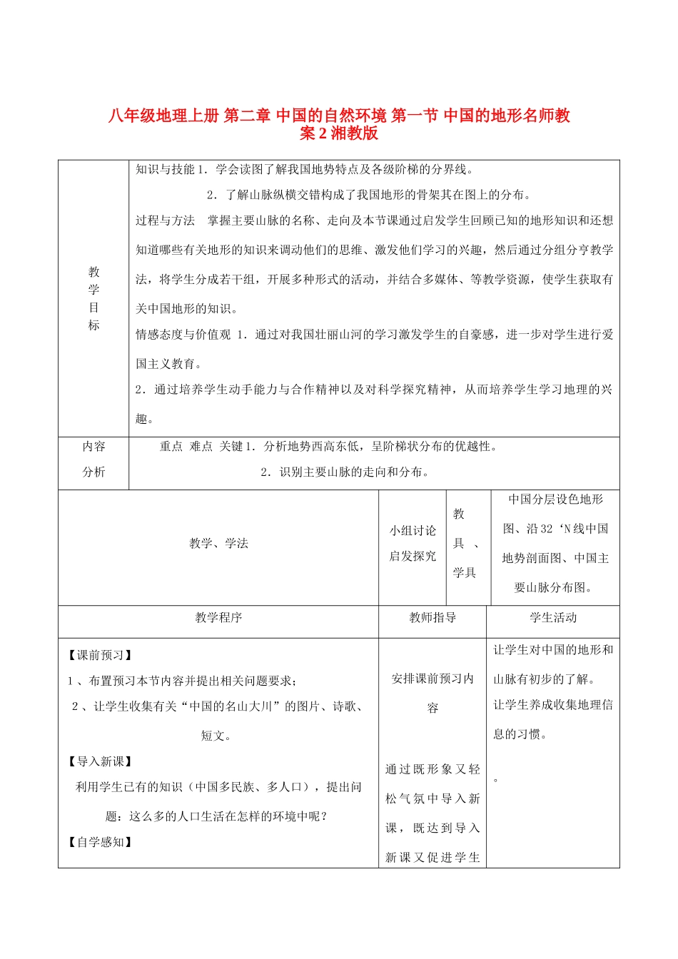 八年级地理上册 第二章 中国的自然环境 第一节 中国的地形名师教案2 湘教版_第1页