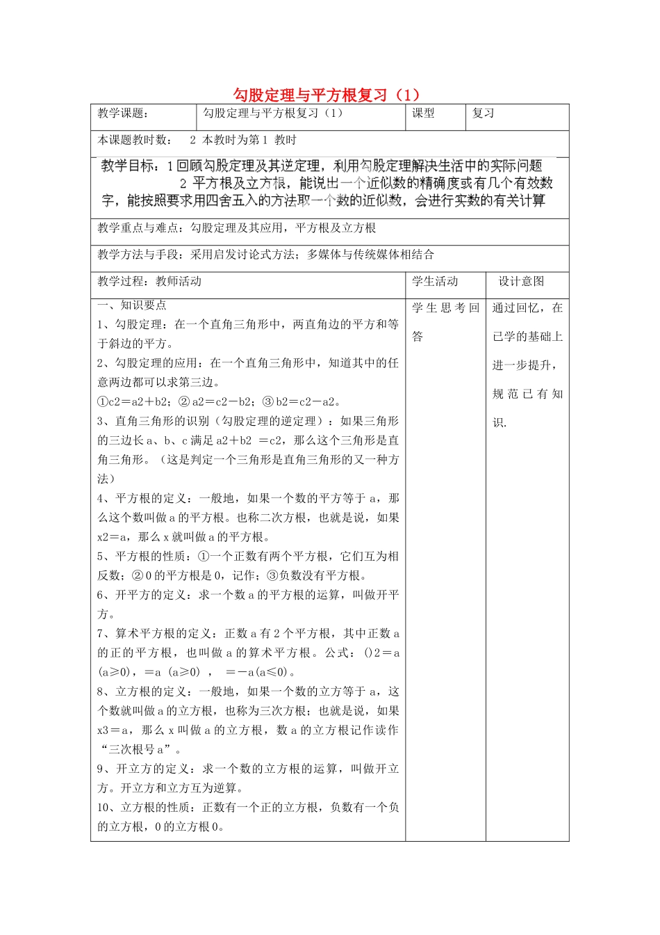 江苏省昆山市锦溪中学八年级数学上册 勾股定理与平方根复习教案（1） （新版）苏科版_第1页