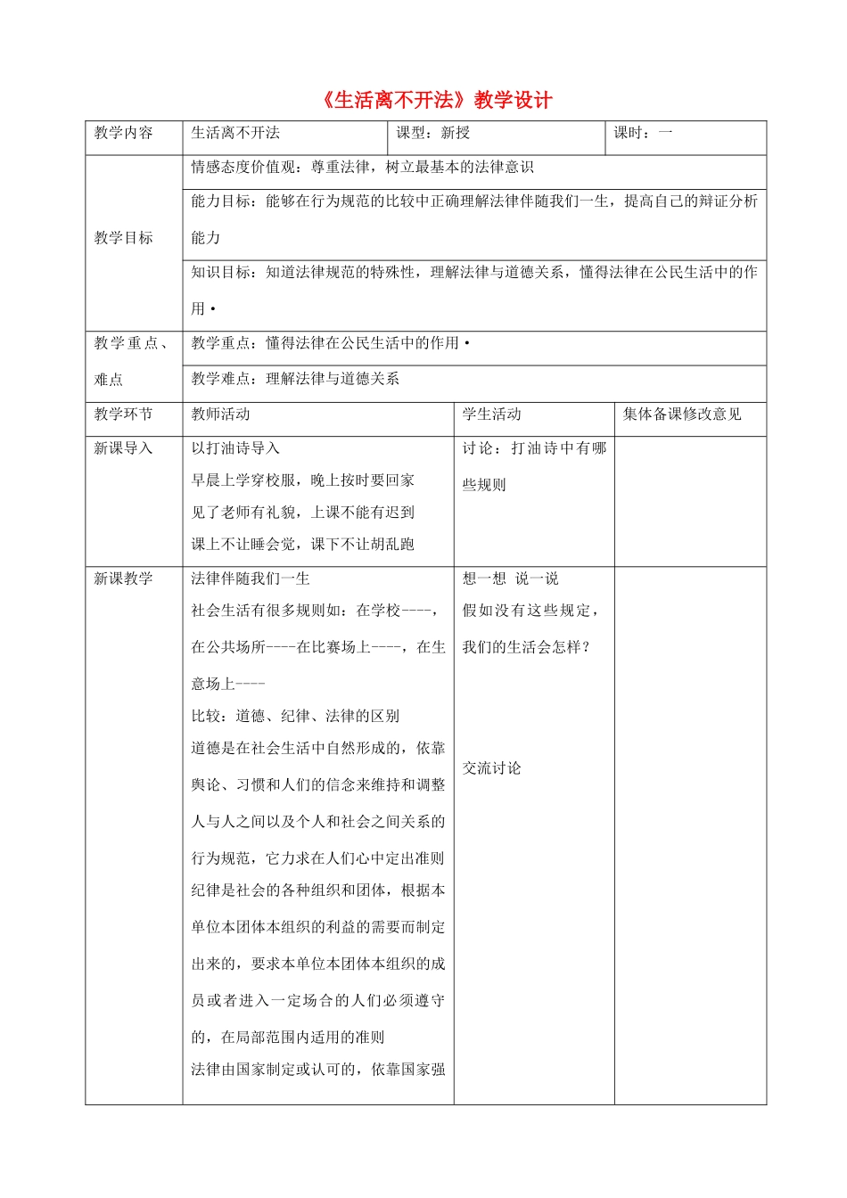 七年级政治下册 第六单元 走近法律 与法同行 第11课 法律就在我们身边 第2框 生活离不开法教案 鲁人版五四制-鲁人版初中七年级下册政治教案_第1页