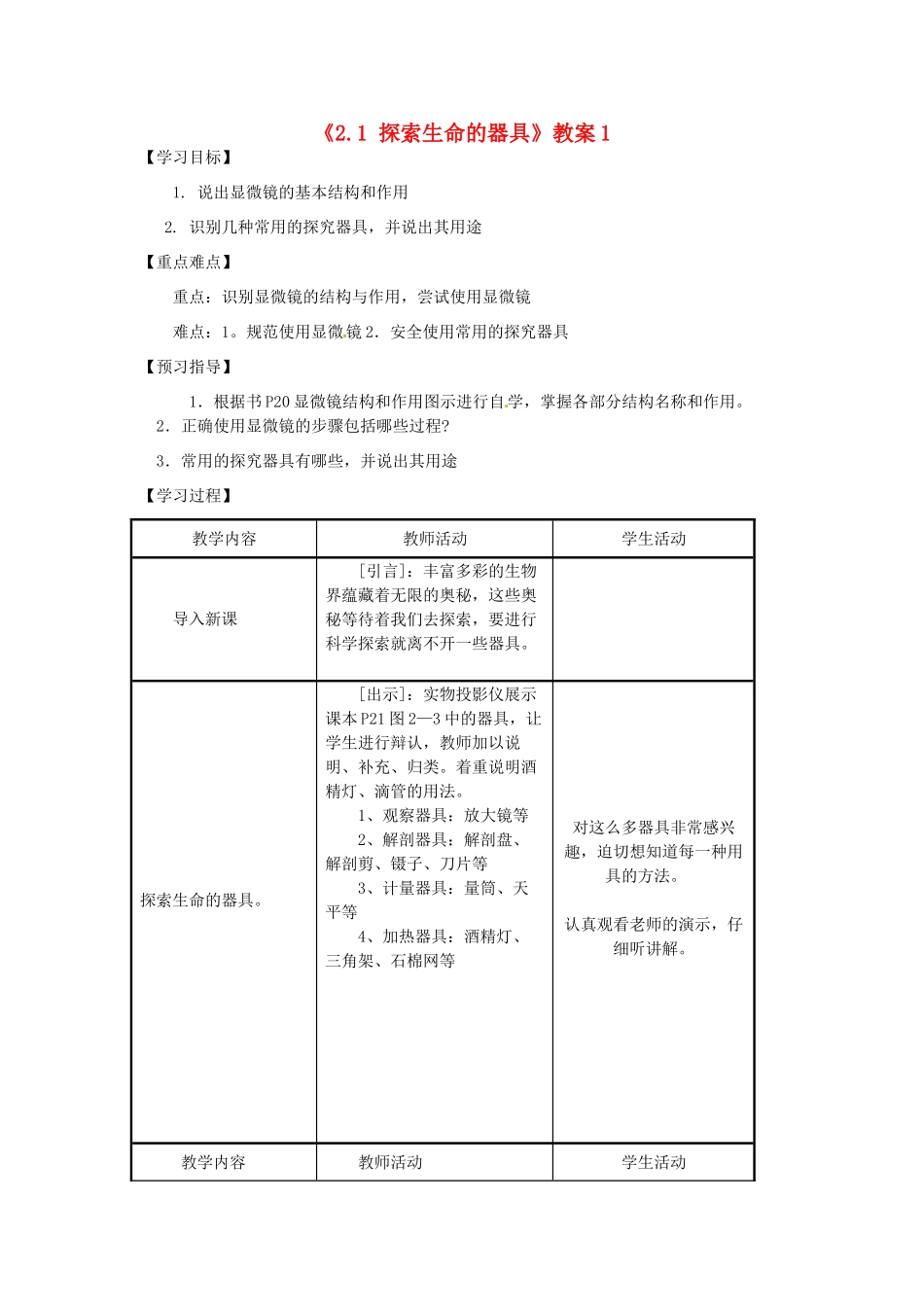 江苏省东台市唐洋镇中学七年级生物上册《2.1 探索生命的器具》教案1 苏教版_第1页