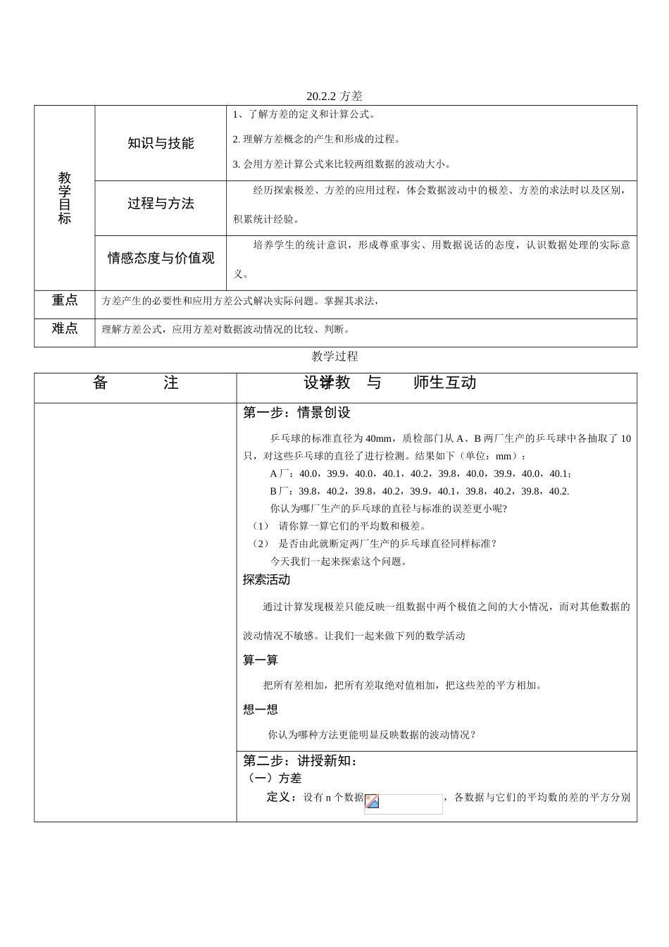 八年级数学 20.2.2 方差 教案新人教版_第1页