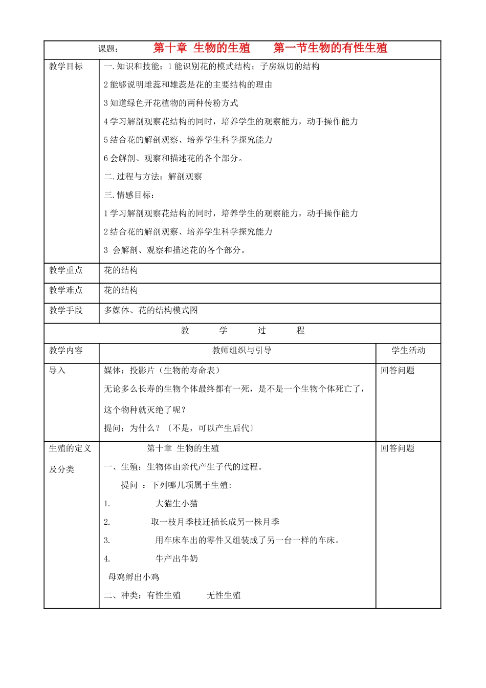 八年级生物上册 第十章 第一节 生物的有性生殖教案1 北京课改版_第1页