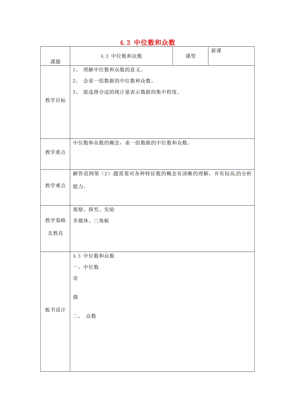 湖北省南漳县肖堰镇肖堰初级中学八年级数学上册 4.3 中位数和众数教案 浙教版_第1页