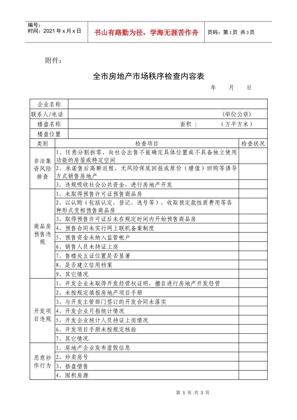 全市房地产市场秩序检查内容表_第1页