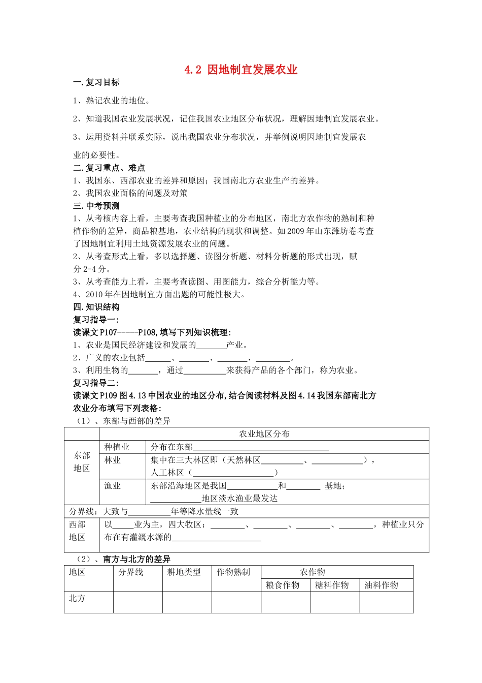 八年级地理上册 4.2 因地制宜发展农业复习导学案 新人教版_第1页