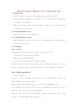 高中英语 Unit1 Living with technology Period 8 Project Making a list of pros and cons教案 牛津译林版选修7