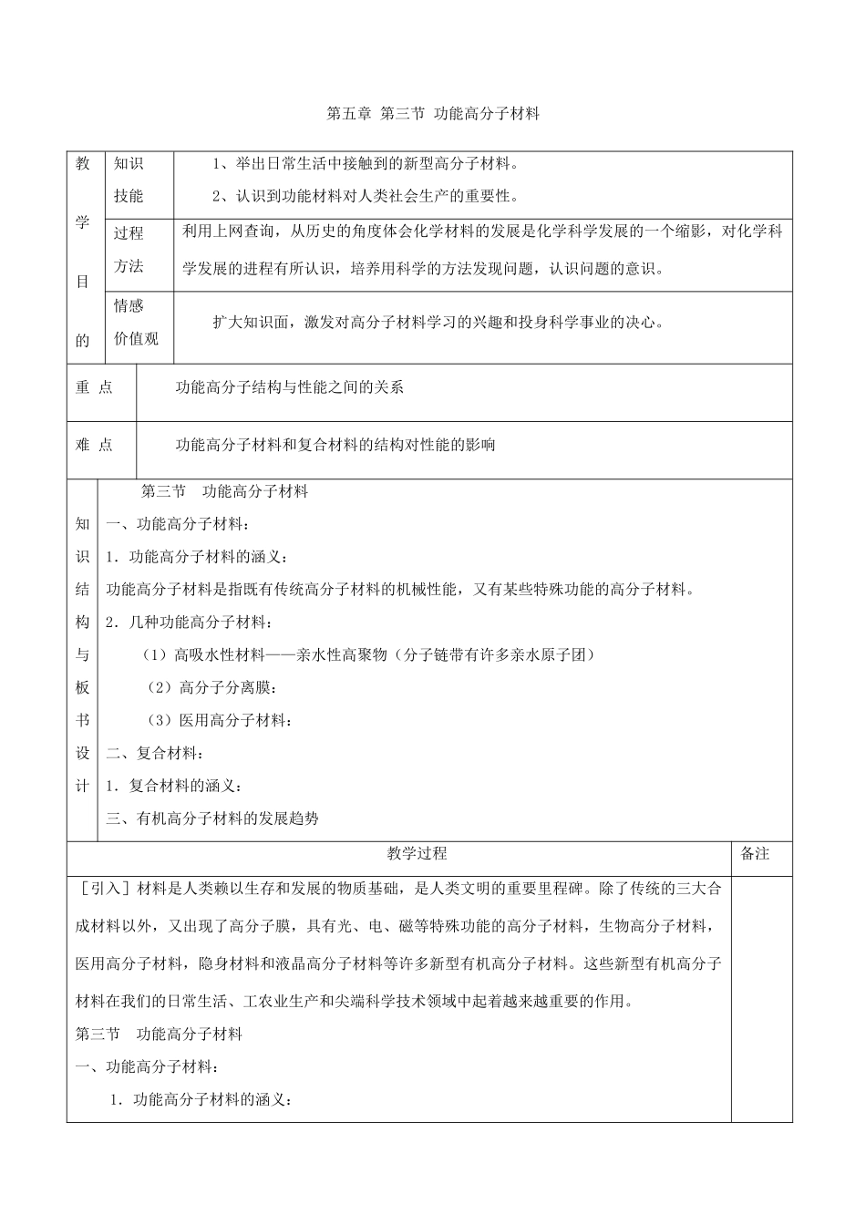 高中化学 第五章 进入合成有机高分子化合物的时代 5.3 功能高分子材料3教案 新人教版选修5-新人教版高二选修5化学教案_第1页