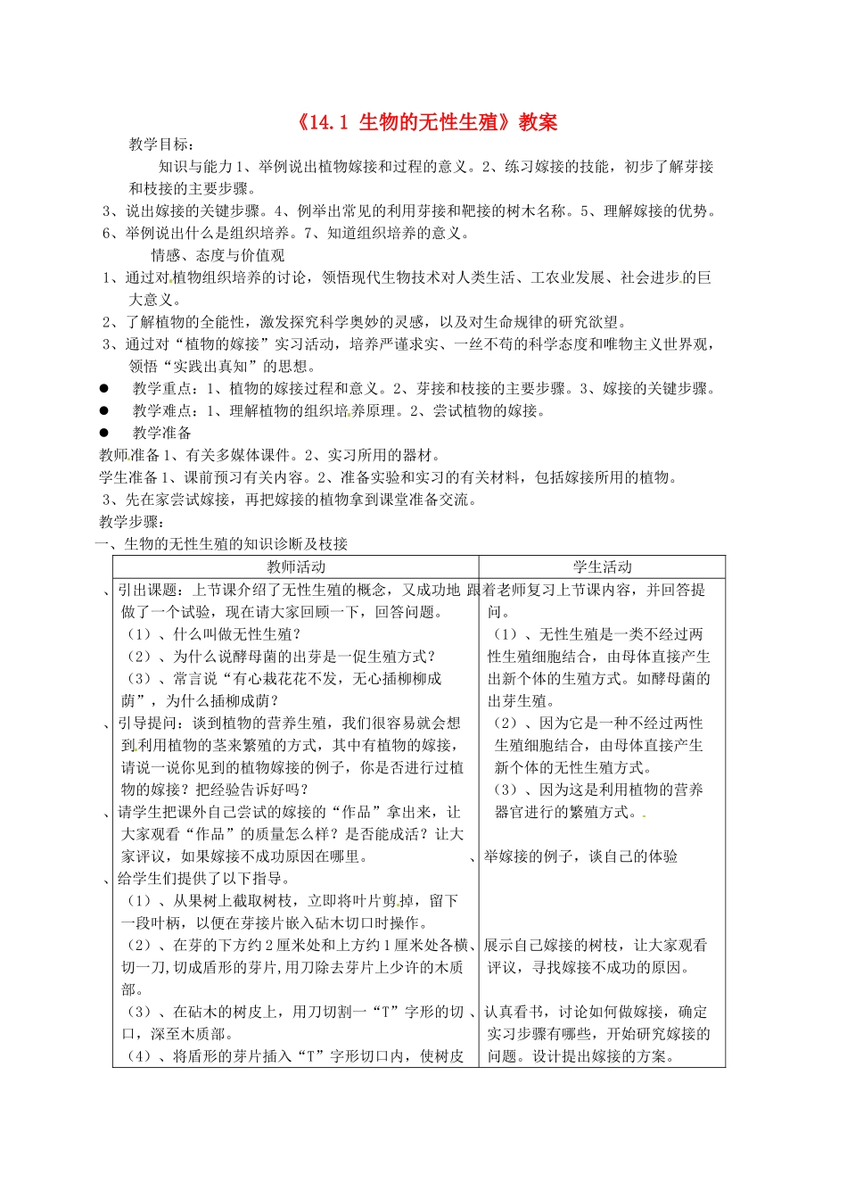 江苏省东台市唐洋镇中学八年级生物上册《14.1 生物的无性生殖》教案2 苏教版_第1页