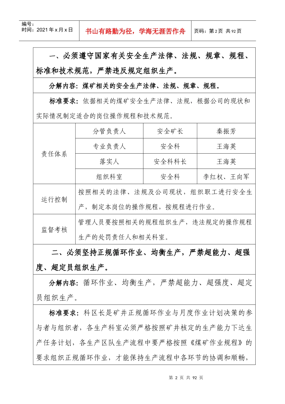 《煤矿科区长保护矿工生命安全七条规定》责任落实分解表_第2页