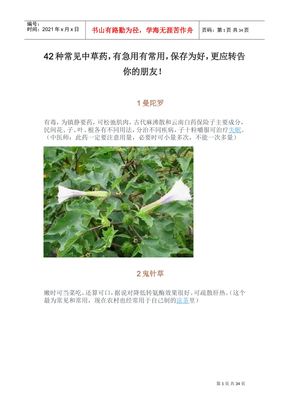 42种常见中草药(DOC34页)_第1页