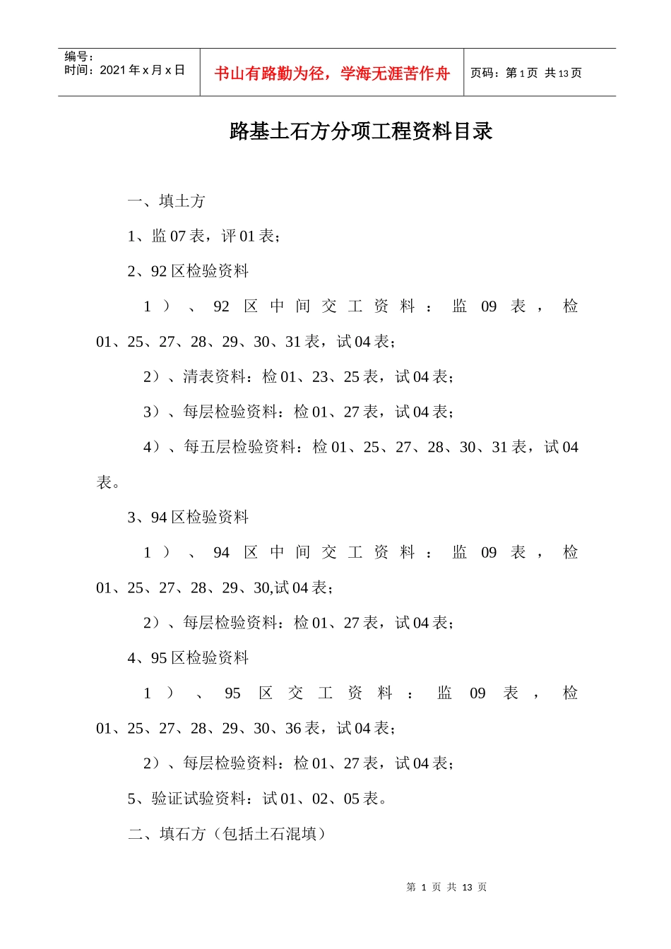 分项工程资料表格目录_第1页