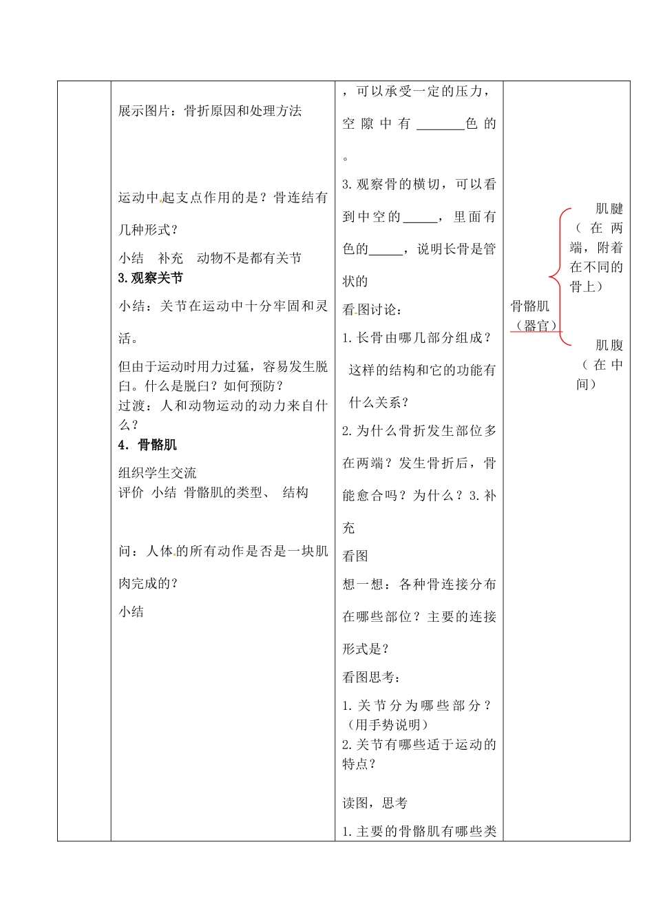 八年级生物上册 第17章 第1节 人体的运动教案 （新版）苏科版-（新版）苏科版初中八年级上册生物教案_第3页