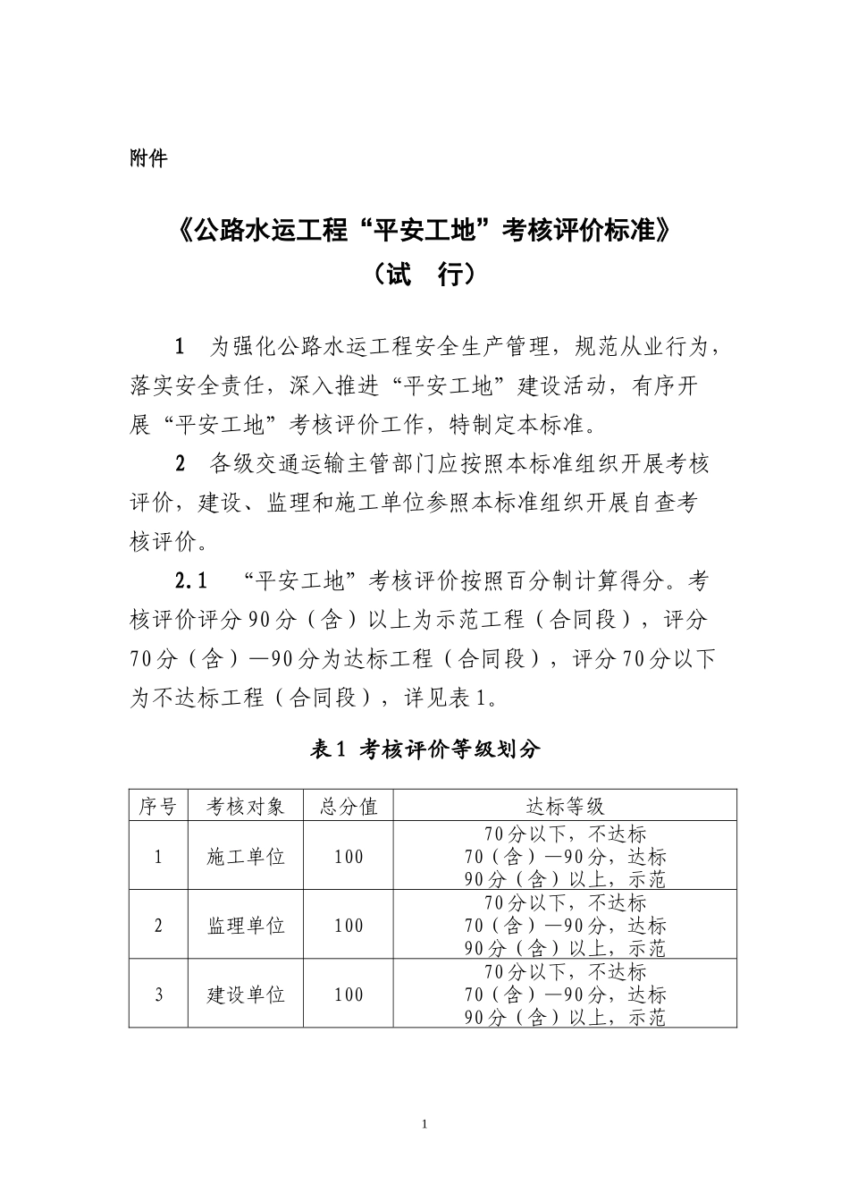 公路水运工程平安工地考核评价标准(试行)_第1页