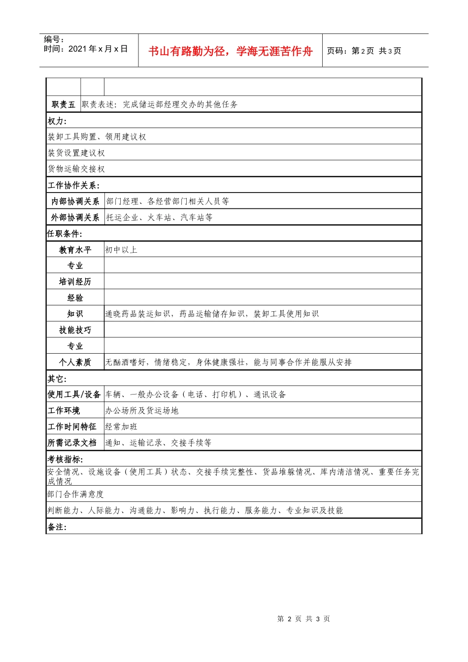 医药企业装卸搬运工职务说明书._第2页