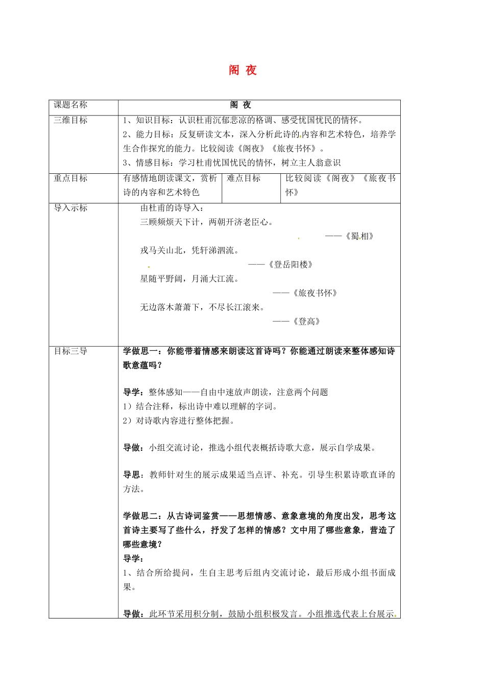 高中语文 3.2阁夜教案 新人教版选修《中国古代诗歌散文欣赏》-新人教版高二《中国古代诗歌散文欣赏》语文教案_第1页
