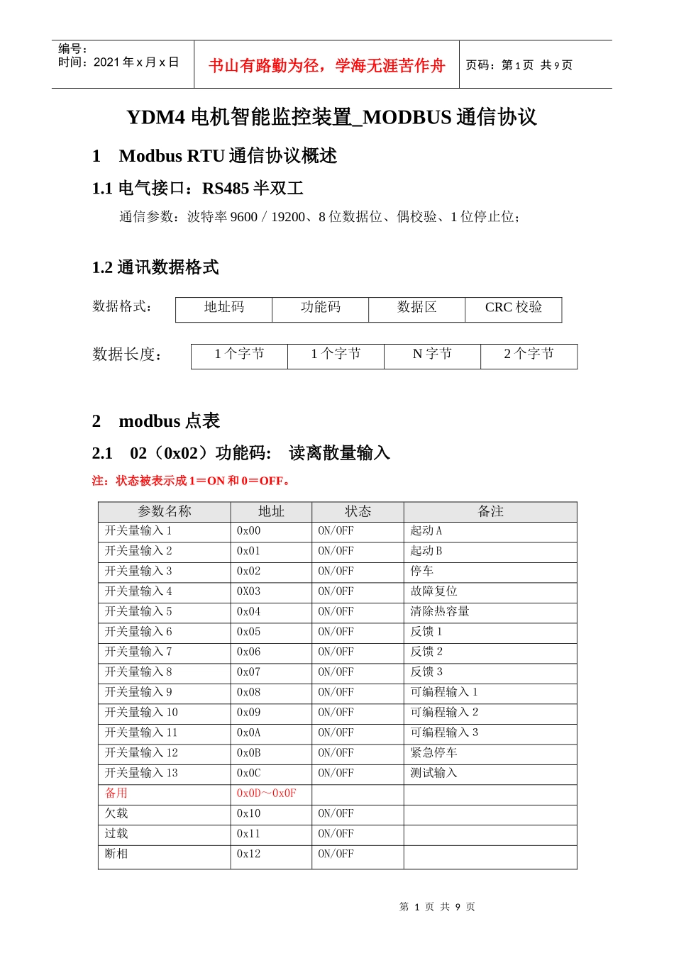 YDM4电机智能监控装置_MODBUS通信协议_第1页