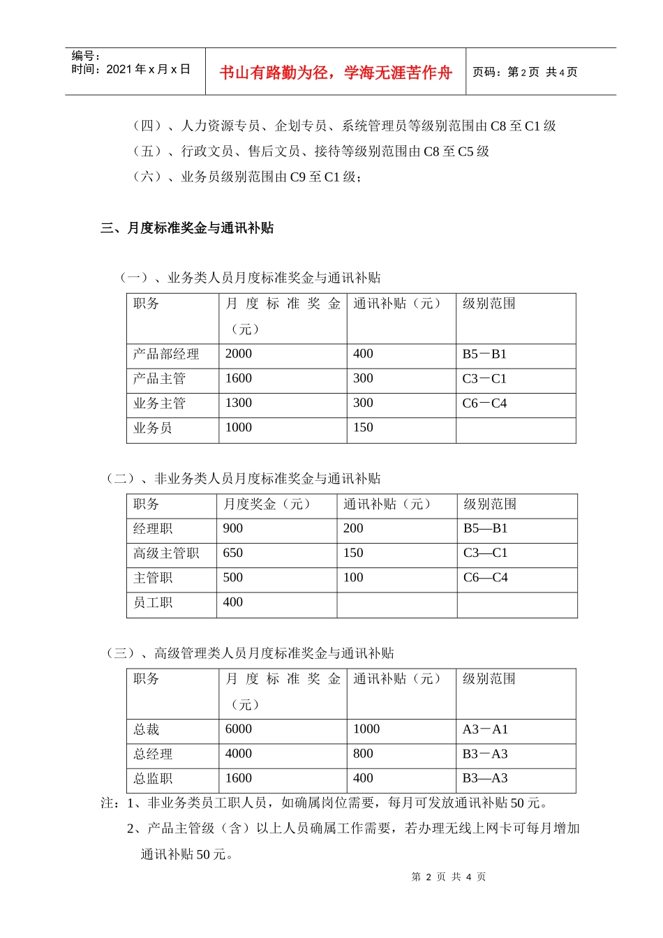 《某某电子公司员工月度工资制度与年薪规划》_第2页