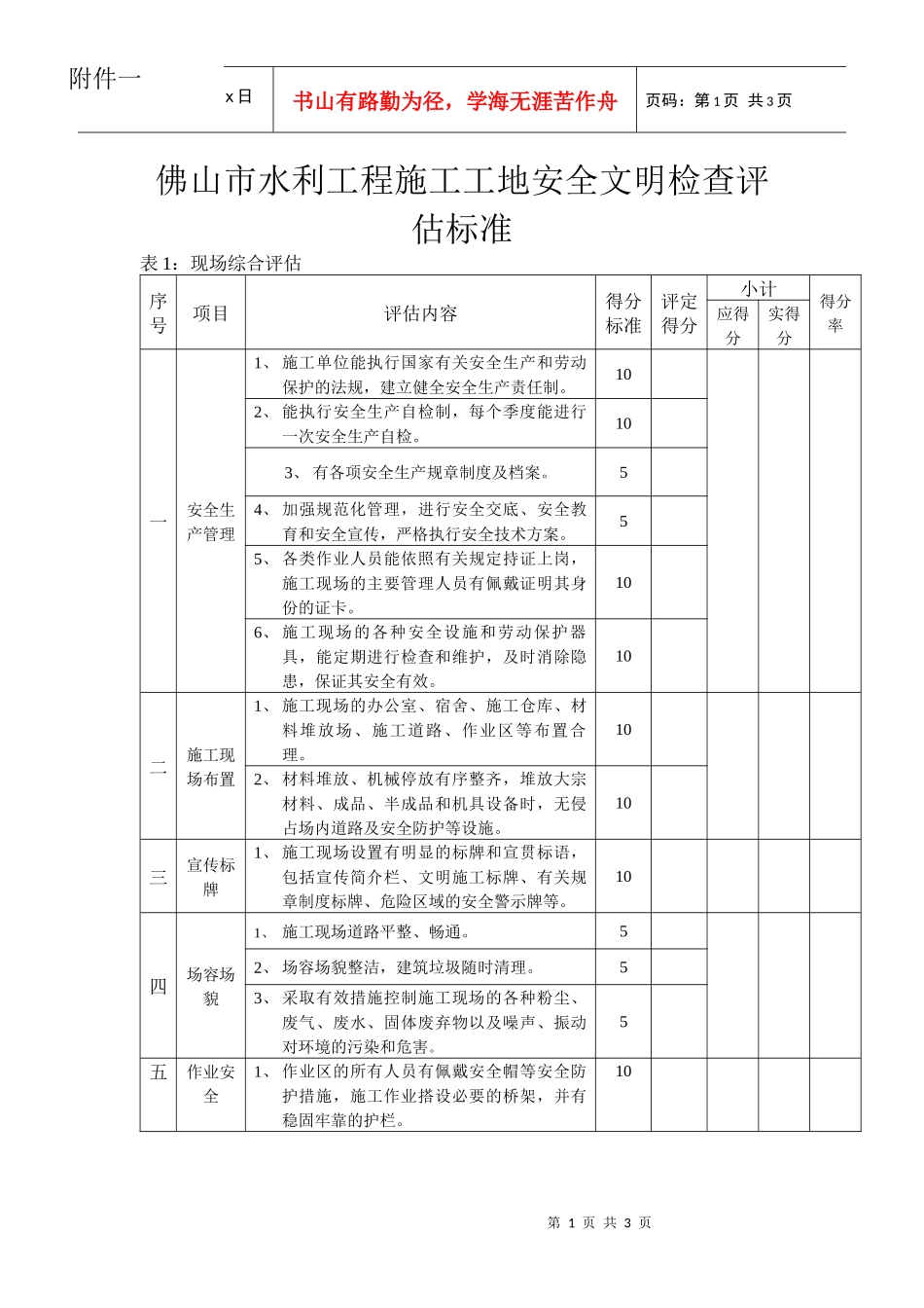 佛山市水利工程施工工地安全文明检查评估标准_第1页