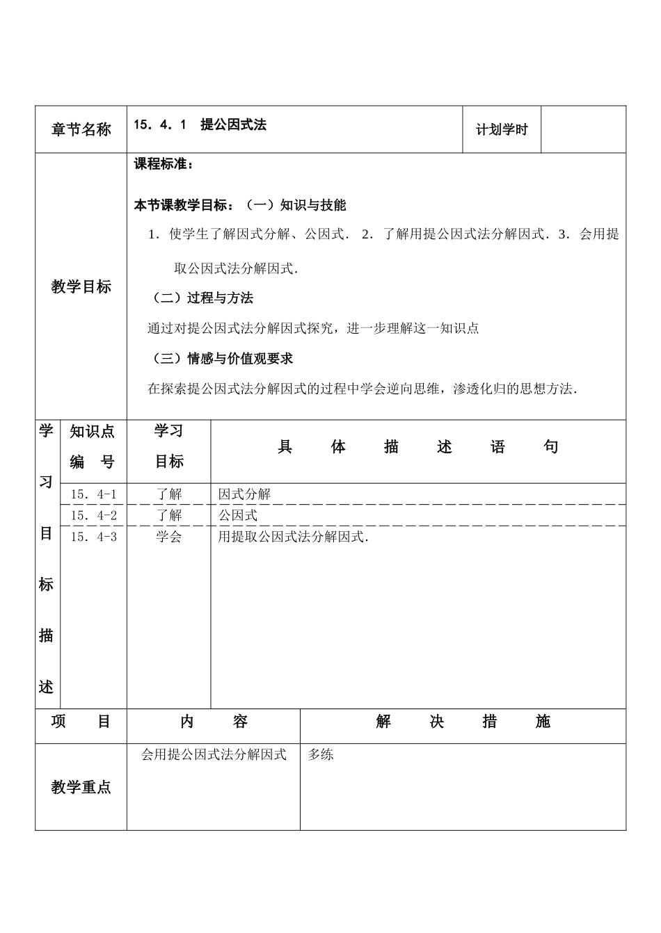 八年级数学下 提公因式法 教案华师大版_第1页