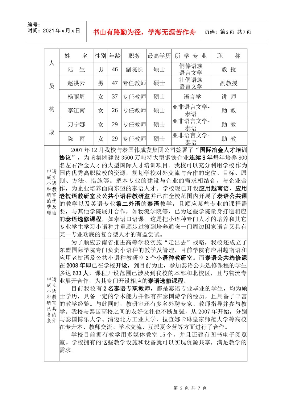 云南省高等学校小语种教研室-申报表-学校名称-昆明冶金高等专_第2页