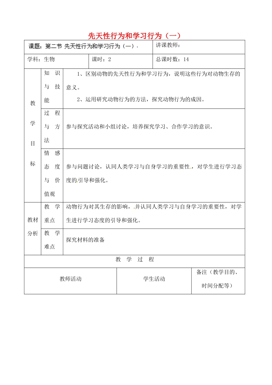 吉林省四平市第十七中学八年级生物上册 先天性行为和学习行为（一）教案 新人教版_第1页