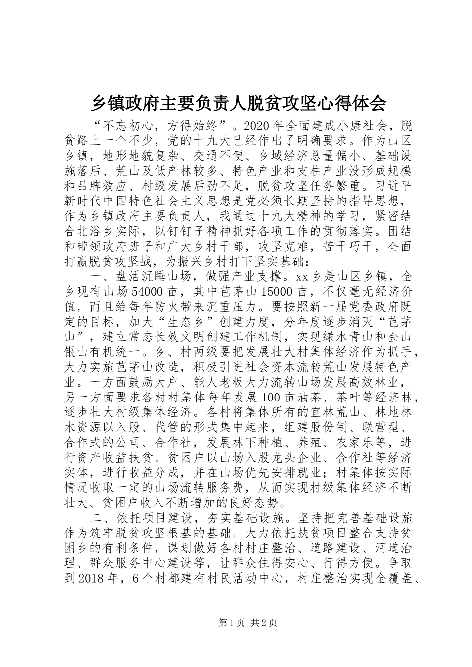乡镇政府主要负责人脱贫攻坚心得体会_第1页