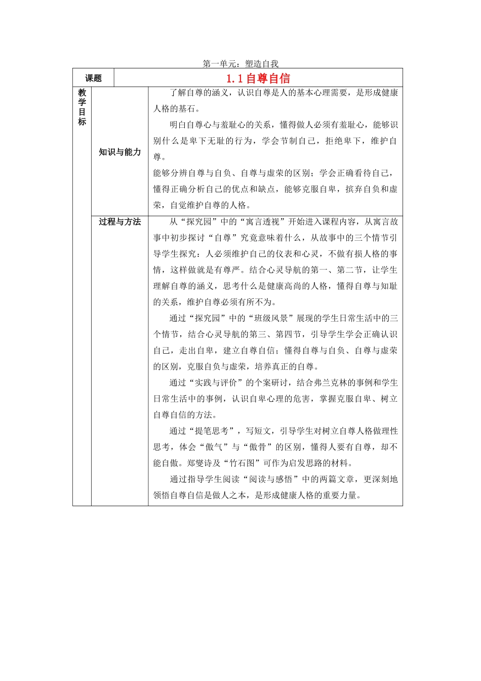 八年级政治 第一单元 塑造自我 全单元教案粤教版_第1页