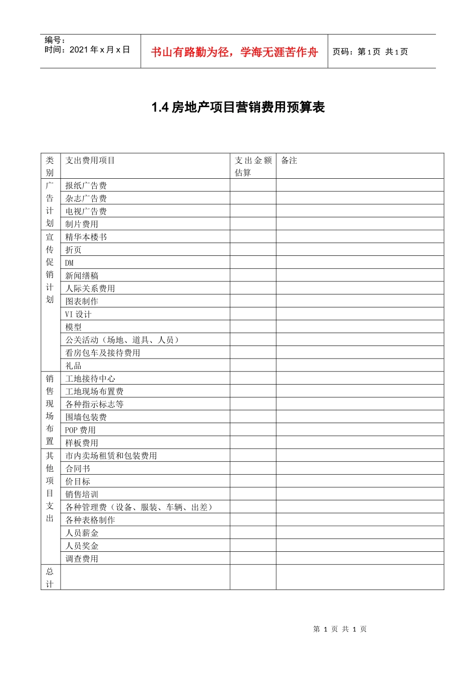 1.4房地产项目营销费用预算表_第1页