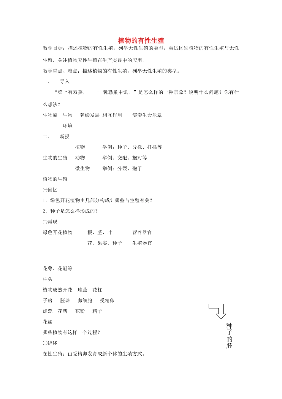 江苏省大丰市万盈二中八年级生物下册 21.2 植物的有性生殖教案 （新版）苏教版_第1页