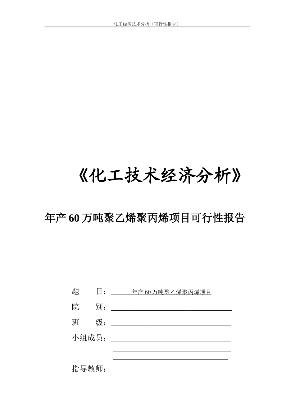 化工技术经济分析年产60万吨聚乙烯聚丙烯项目可行性报告_第1页