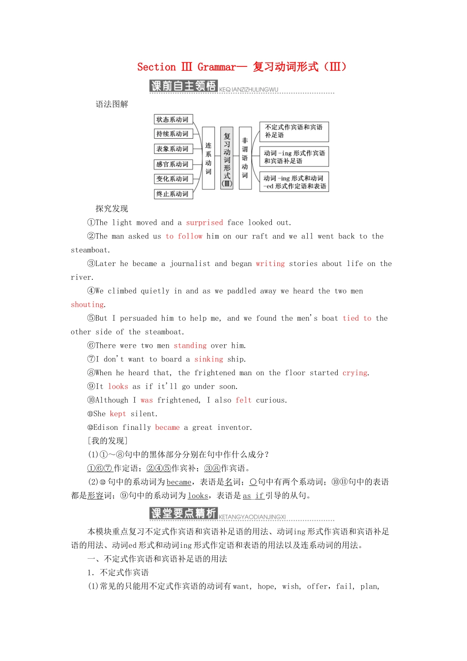 高中英语 Module 3 Adventure in literature and the cinema Section Ⅲ Grammar— 复习动词形式（Ⅲ）教案（含解析）外研版必修5-外研版高二必修5英语教案_第1页