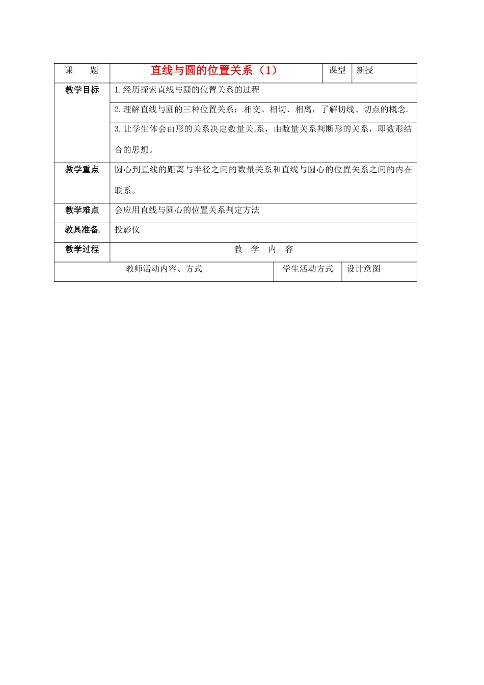 九年级数学上册 4.5直线与圆的位置关系教案（ 1） 苏科版_第1页