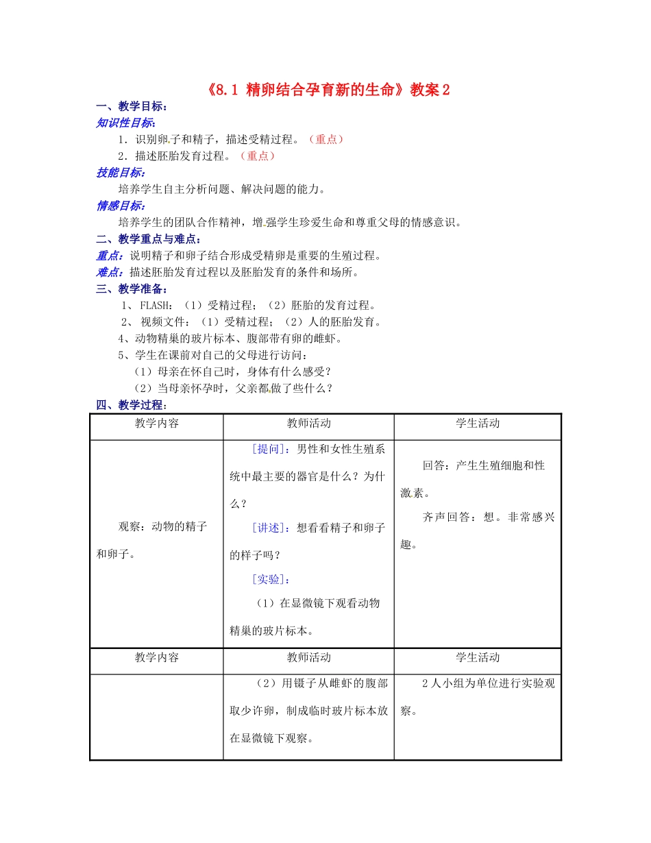 江苏省东台市唐洋镇中学七年级生物下册《8.1 精卵结合孕育新的生命》教案2 苏教版_第1页