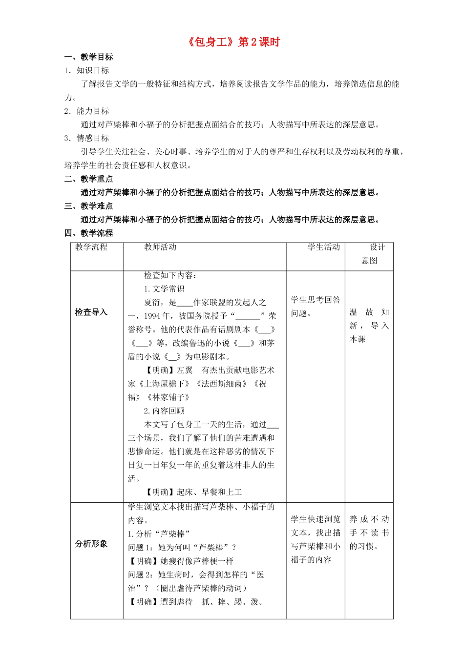 高中语文 4.11.2 包身工教学设计 新人教版必修1-新人教版高一必修1语文教案_第1页
