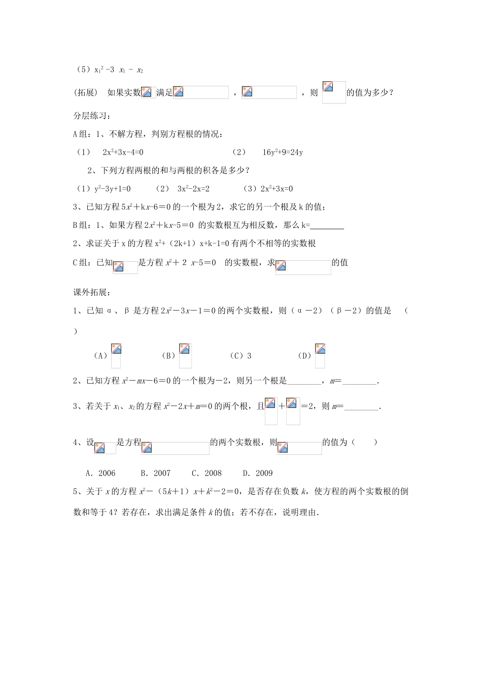安徽省枞阳县钱桥初级中学八年级数学下册 17.4 一元二次方程根与系数的关系复习（无答案）（新版）沪科版_第2页
